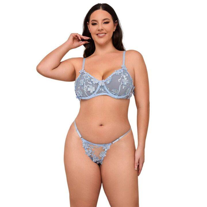 SUBBLIME - 957636 CONJUNTO DE SUTIÃ E CALCINHA BORDADOS COM FLORES AZUL CELESTE L/XL