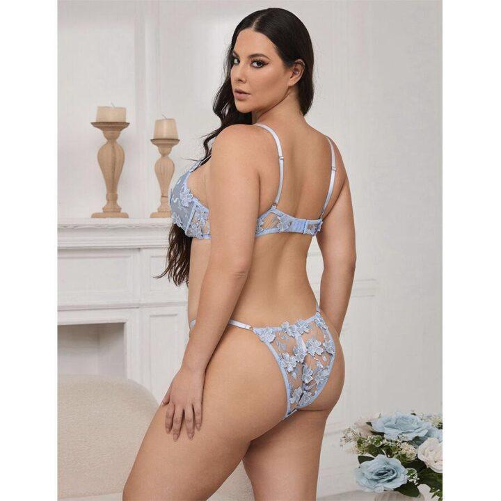 SUBBLIME - 957636 CONJUNTO DE SUTIÃ E CALCINHA BORDADOS COM FLORES AZUL CELESTE L/XL
