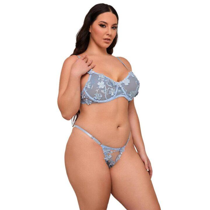 SUBBLIME - 957636 CONJUNTO DE SUTIÃ E CALCINHA BORDADOS COM FLORES AZUL CELESTE L/XL