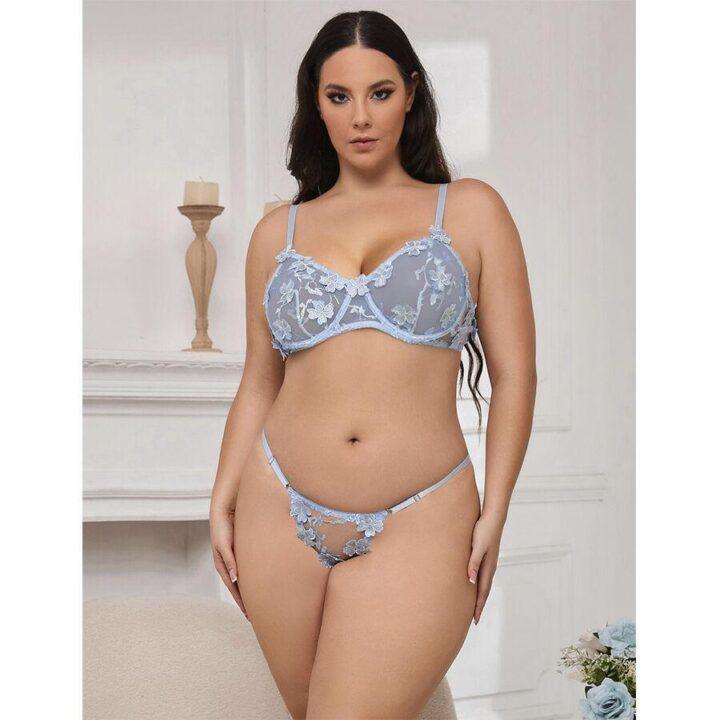 SUBBLIME - 957636 CONJUNTO DE SUTIÃ E CALCINHA BORDADOS COM FLORES AZUL CELESTE L/XL