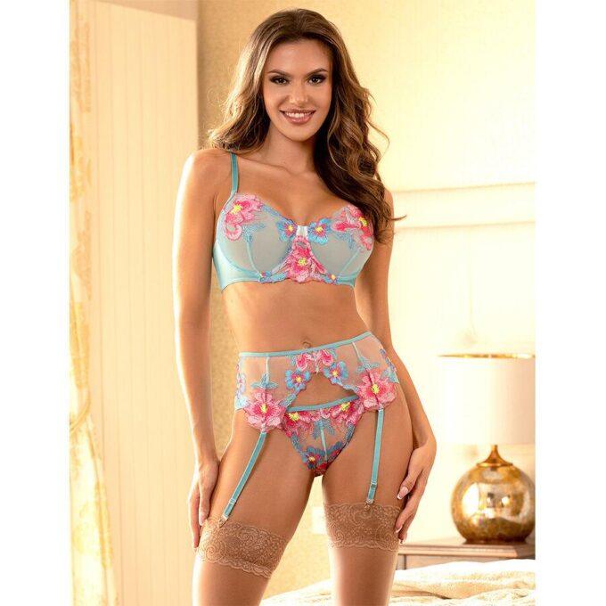 SUBBLIME - 957650 CONJUNTO DE SUTIÃ E CINTO-LIGA COM BORDADO DE FLORES ROSA L/XL