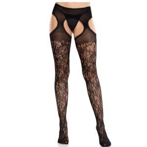 LEG AVENUE - MEIAS DE RENDA FLORAL COM LIGAS UNITED BLACK