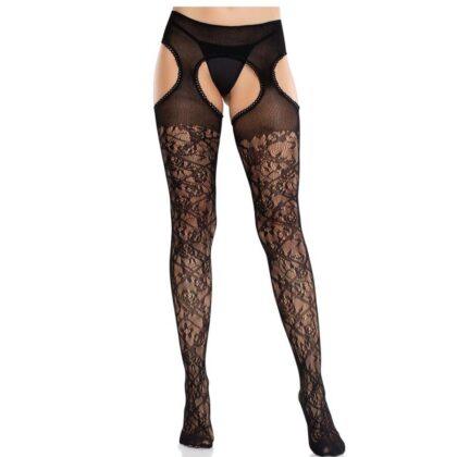 LEG AVENUE - MEIAS DE RENDA FLORAL COM LIGAS UNITED BLACK