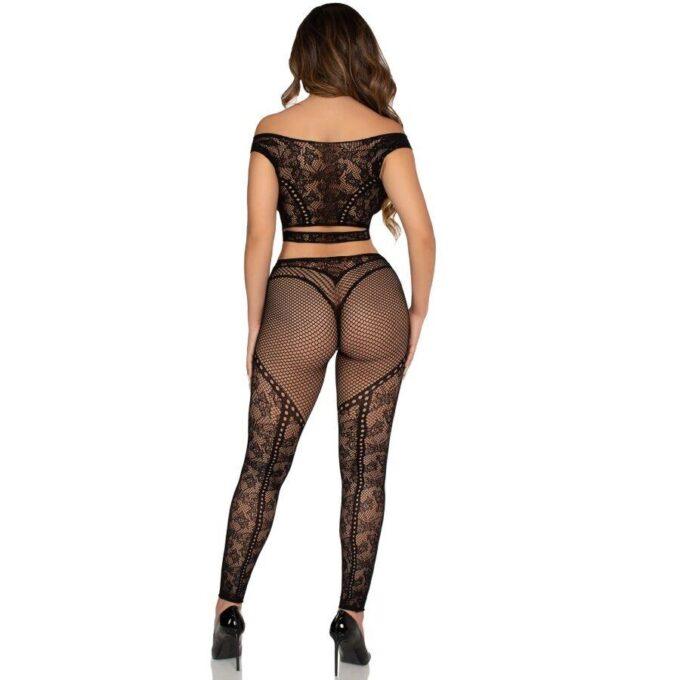 LEG AVENUE - TOP CROP E LEGGING DE REDE COM OMBROS À FRENTE PRETO