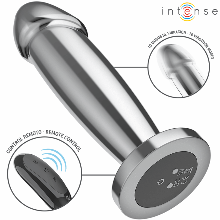 INTENSE - PLUG ANAL 10 VIBRAÇÕES DILDO DE METAL COM CONTROLE REMOTO M
