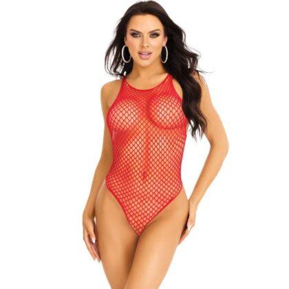 LEG AVENUE - Body Regata com Botões de Rede e Virilha, Tamanho Único, Vermelho
