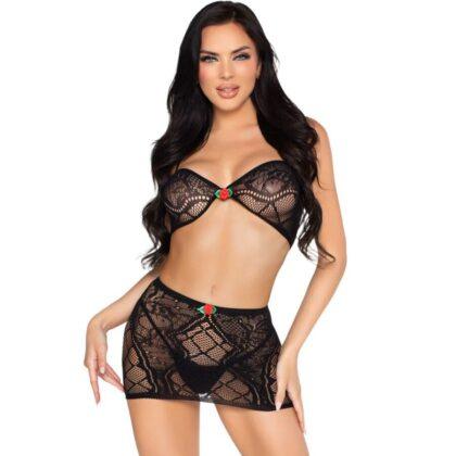 LEG AVENUE - 81676 CONJUNTO DE TOP DE RENDA + MINI SAIA PRETO - TAMANHO ÚNICO