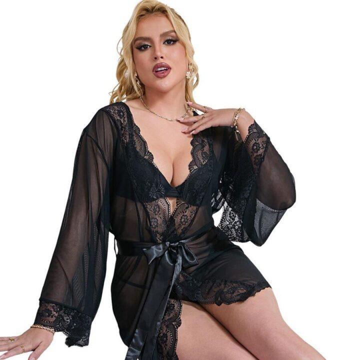 SUBBLIME - ROBE DE TECIDO TRANSPARENTE COM DETALHE DE RENDA PRETO S/M
