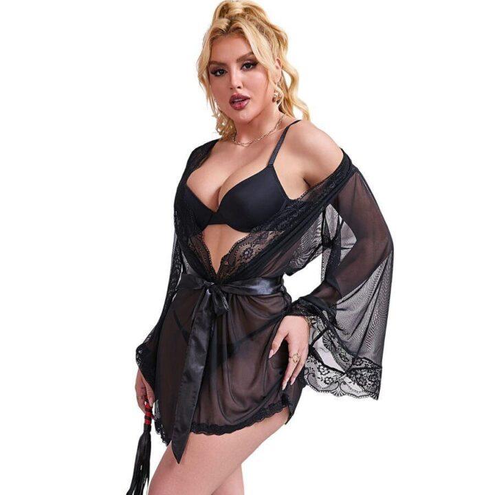 SUBBLIME - ROBE DE TECIDO TRANSPARENTE COM DETALHE DE RENDA PRETO S/M