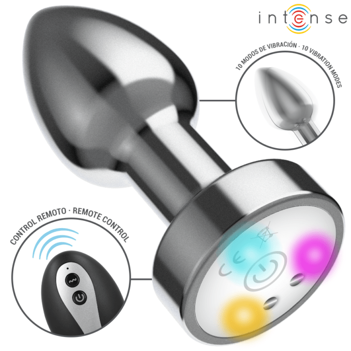 INTENSE - PLUG ANAL DE METAL VIBRANTE COM LUZES LED E CONTROLE REMOTO - TAMANHO M