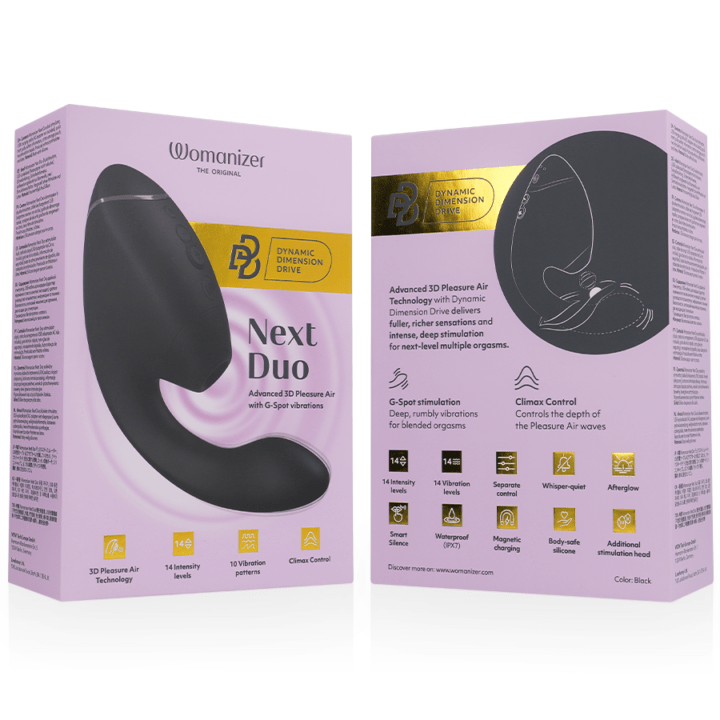 WOMANIZER - DUO NEXT ESTIMULADOR DUPLO DE CLITOR E PONTO G PRETO