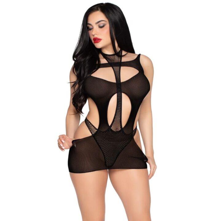 LEG AVENUE - 81680 MINI VESTIDO OPACO E TEDDY DE ALÇAS PRETO - TAMANHO ÚNICO