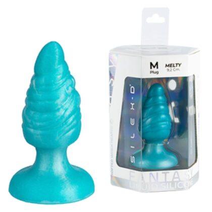 SILEXD - MELTY PLUG ANAL DE DERRETIMENTO FANTASY DE SILICONE LÍQUIDO TERMOREATIVO AZUL CELESTIAL 9,2 CM