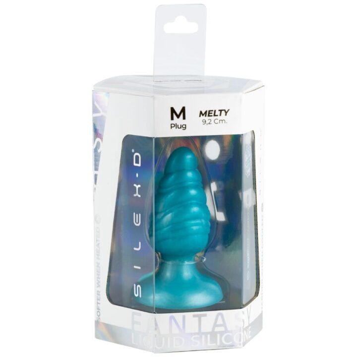 SILEXD - MELTY PLUG ANAL DE DERRETIMENTO FANTASY DE SILICONE LÍQUIDO TERMOREATIVO AZUL CELESTIAL 9,2 CM